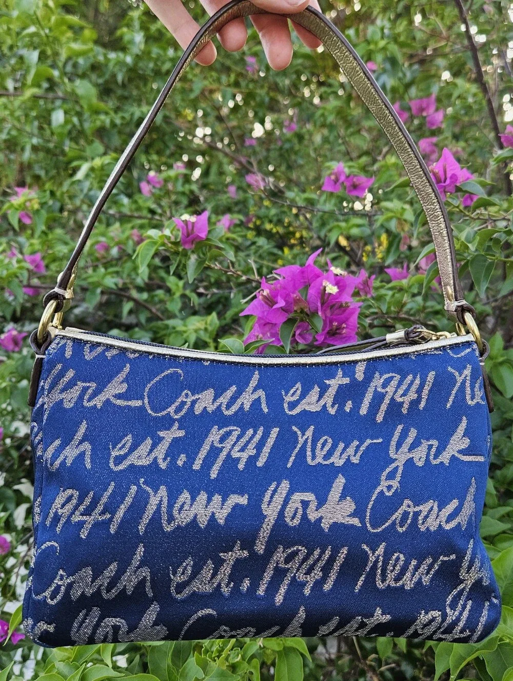 Coach Blue Graffiti Heart Demi Hobo Canvas Gold Leather Shoulder Bag